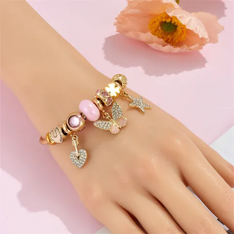 Stainless Steel Beaded Charm Bangle Bracelet For Women Rhinestone Butterfly Star Heart Pendant Gold Plated Fashion Jewelry Gift
