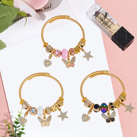 Stainless Steel Beaded Charm Bangle Bracelet For Women Rhinestone Butterfly Star Heart Pendant Gold Plated Fashion Jewelry Gift