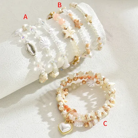 Pulseras de Cuentas Multicapa Bohemias para Mujer Aleación Concha Estrella de Mar Corazón Colgantes Imitación Perla Vidrio Joyería de Playa