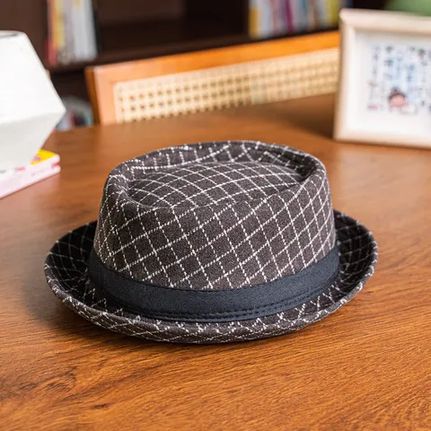 Vintage Plaid Pork Pie Hat For Men Women Autumn Winter Warm Polyester Fedora Hat British Style Jazz Cap Accessory