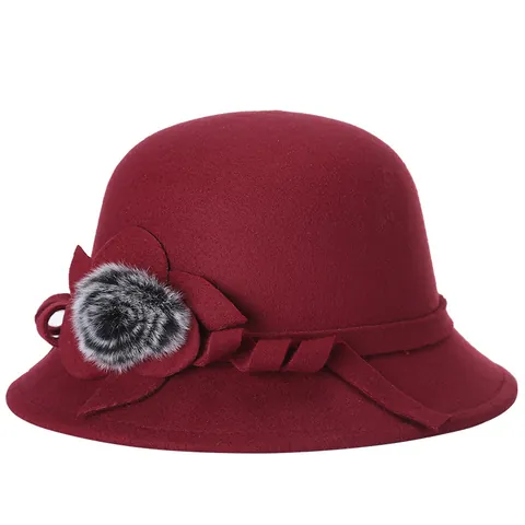 Eleganter Damen Wollhut Cloche Hut Mit Blumendekoration Kunstfell-Pompon Rundes Top Kurze Krempe Winter Warm Vintage Mode Accessoire