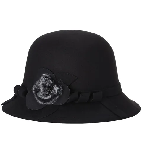 Eleganter Damen Wollhut Cloche Hut Mit Blumendekoration Kunstfell-Pompon Rundes Top Kurze Krempe Winter Warm Vintage Mode Accessoire