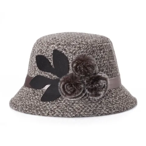 Elegant Winter Woolen Bucket Hat For Women Vintage Plaid Tweed Cloche Hat With Satin Ribbon Faux Fur Pom-Pom Decorative Warm Sun Hat Gift For Mom