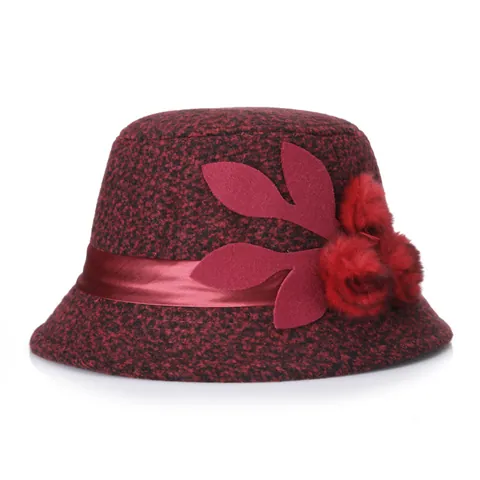 Elegant Winter Woolen Bucket Hat For Women Vintage Plaid Tweed Cloche Hat With Satin Ribbon Faux Fur Pom-Pom Decorative Warm Sun Hat Gift For Mom