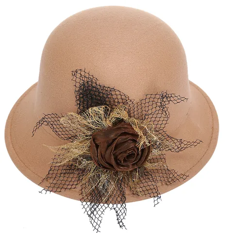 Vintage Dames Wollen Vilt Cloche Hoed Met Satijnen Roos Bloem Gaas Sluier Elegante Winter Fedora Feesthoofddeksel