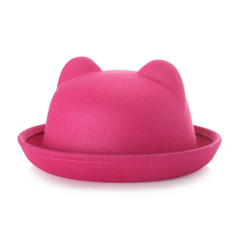 Women Korean Fashion Cat Ear Woolen Bowler Hat Winter Warm Solid Color Round Top Rolled Brim Felt Hat Outdoor Party Accessory