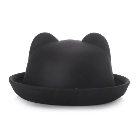 Women Korean Fashion Cat Ear Woolen Bowler Hat Winter Warm Solid Color Round Top Rolled Brim Felt Hat Outdoor Party Accessory