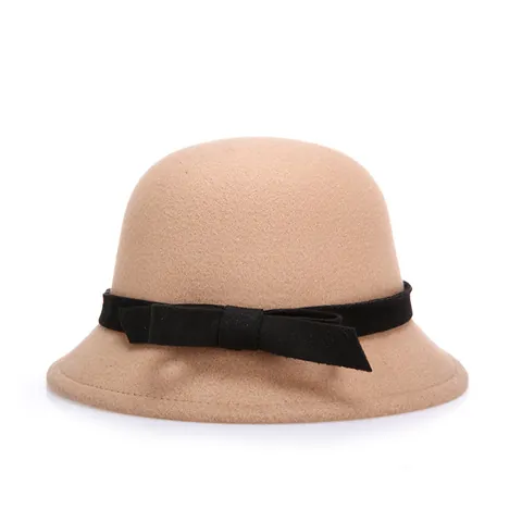 Women Vintage Cloche Hat Imitation Wool Felt Dress Hat With Satin Bow Ribbon Elegant French Style Winter Round Top Hat