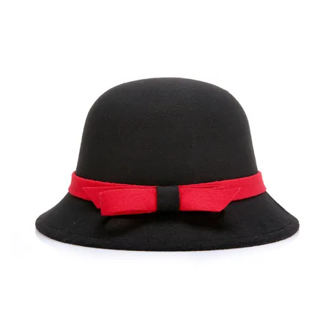 Women Vintage Cloche Hat Imitation Wool Felt Dress Hat With Satin Bow Ribbon Elegant French Style Winter Round Top Hat
