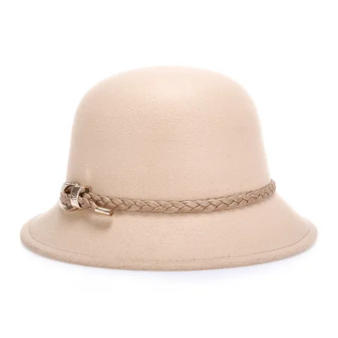 Women Vintage Woolen Felt Cloche Hat Elegant Braided Belt Metal Buckle Solid Color Warm Winter Fedora Bowler Fisherman Hat