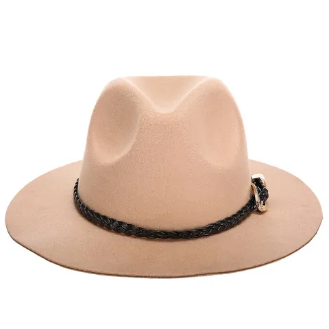 Chapeau Fedora Vintage pour Femme à Large Bord Style Britannique en Feutre de Laine Avec Bande Tressée et Boucle Métallique pour Automne Hiver