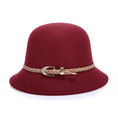 Women Vintage Woolen Felt Cloche Hat Elegant Braided Belt Metal Buckle Solid Color Warm Winter Fedora Bowler Fisherman Hat