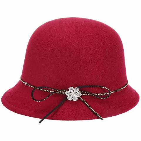Women Vintage Woolen Cloche Hat With Rhinestone Flower Bow Elegant Winter Warm Fedora Bucket Hat For Wedding Banquet Party