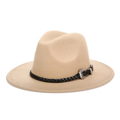 Vintage Wollen Fedora Hoed Met Gevlochten Riem Zilveren Gesp Brede Rand Jazz Hoed Voor Dames Heren Dagelijks Feest Mode Accessoires