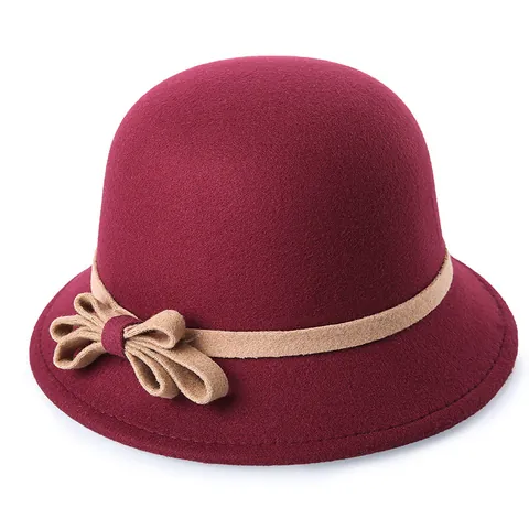 Damen Retro Glockenhut Wollfilz Rundkopf Fedora Mit Schleifenband Eleganter Winter Warmer Fischerhut Für Damen