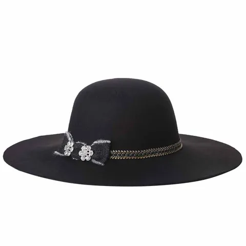 Women Wide Brim Wool Felt Fedora Hat With Bowknot Rhinestone Metal Chain Elegant Vintage Church Party Dress Hat