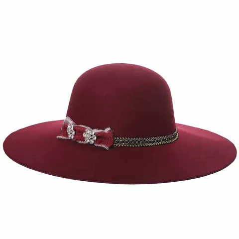 Women Wide Brim Wool Felt Fedora Hat With Bowknot Rhinestone Metal Chain Elegant Vintage Church Party Dress Hat