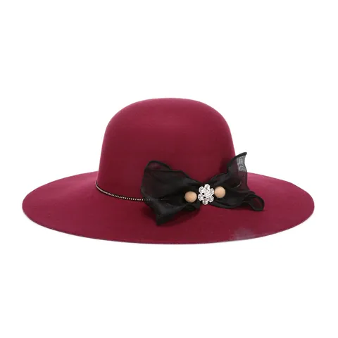 Women's Vintage Woolen Wide Brim Fedora Hat With Mesh Bow Rhinestone Elegant Winter Autumn Cloche Church Hat