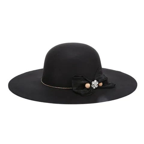 Women's Vintage Woolen Wide Brim Fedora Hat With Mesh Bow Rhinestone Elegant Winter Autumn Cloche Church Hat
