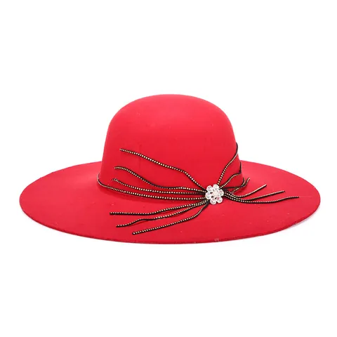 Women Wide Brim Woolen Fedora Hat Vintage Elegant Felt Dress Hat With Rhinestone Flower Bead Decoration Party Church Hat