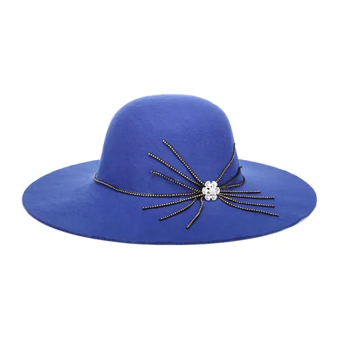 Women Wide Brim Woolen Fedora Hat Vintage Elegant Felt Dress Hat With Rhinestone Flower Bead Decoration Party Church Hat