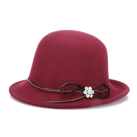 Vintage Woolen Felt Cloche Hat For Women Elegant Bow Rhinestone Flower Decor Short Brim Winter Autumn Solid Color Dress Hat