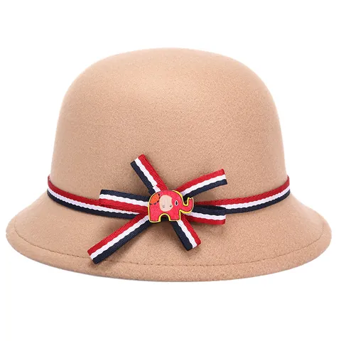 Chapeau Cloche en Feutre de Laine pour Enfants Style Preppy Vintage Calotte Ronde Nœud Sangle Décor Animal de Dessin Animé Filles