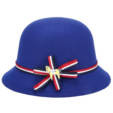 Chapeau Cloche en Feutre de Laine pour Enfants Style Preppy Vintage Calotte Ronde Nœud Sangle Décor Animal de Dessin Animé Filles
