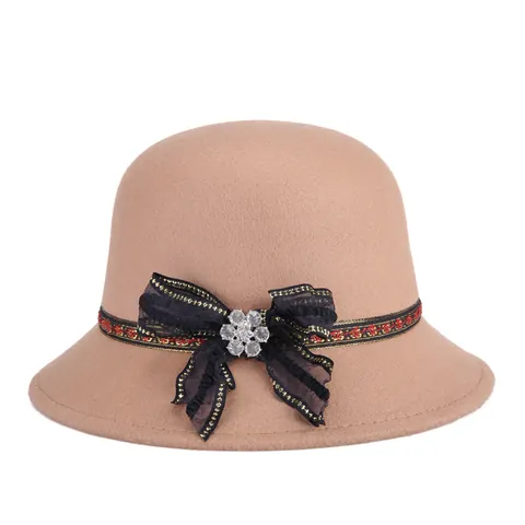 Vintage Wool Felt Cloche Hat For Women Elegant Winter Fedora With Lace Bow Rhinestone Flower Adjustable Party Bucket Hat
