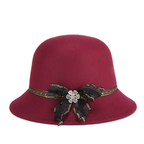 Vintage Wool Felt Cloche Hat For Women Elegant Winter Fedora With Lace Bow Rhinestone Flower Adjustable Party Bucket Hat
