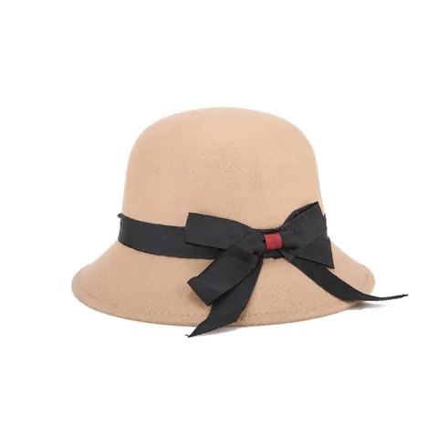 Elegant Vintage Women Cloche Hat Faux Wool Felt Bowler Hat With Bow Ribbon Retro Winter Warm Church Party Fedora Cap
