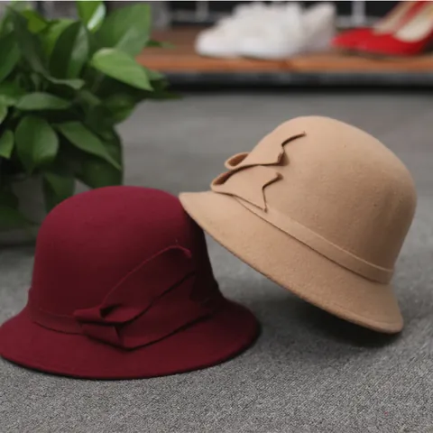 Vintage Women Fedora Cloche Hat Bowknot Decor Cotton Polyester Solid Color Elegant Warm Autumn Winter Church Bucket Hat
