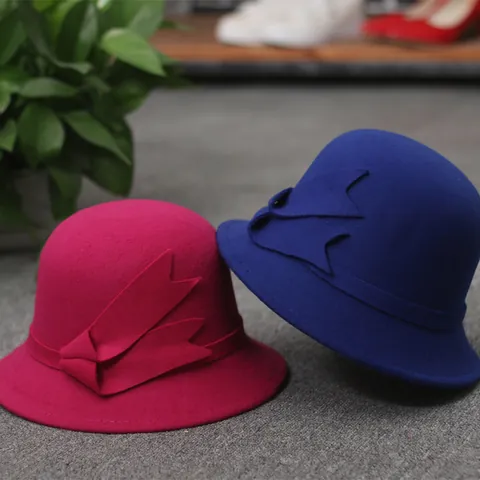 Vintage Women Fedora Cloche Hat Bowknot Decor Cotton Polyester Solid Color Elegant Warm Autumn Winter Church Bucket Hat