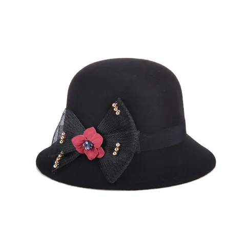 Women Vintage Woolen Cloche Hat Elegant Net Yarn Bow Flower Dress Hat Adjustable Autumn Winter Warm Fashion Fedora Hat
