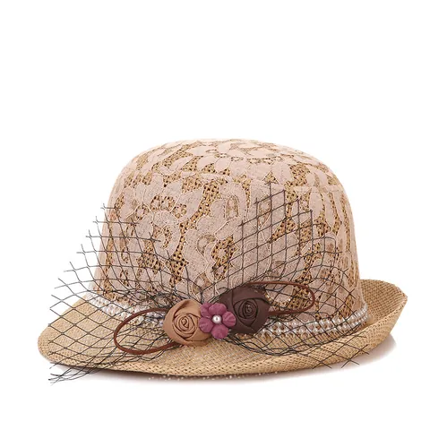 Chapeau de Paille en Dentelle Élégant pour Femmes Avec Voile en Résille Perles Décor Floral Plage Été Protection UV