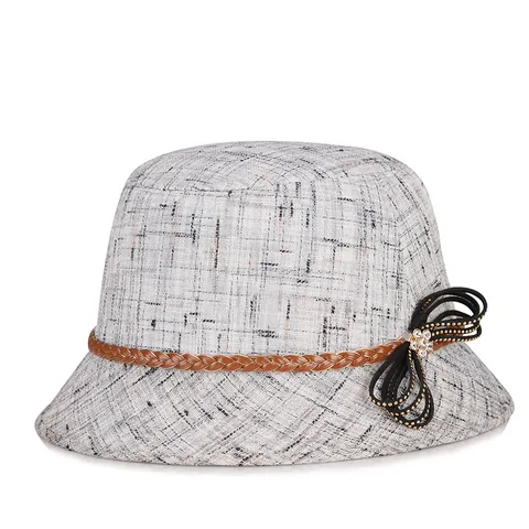 Women Vintage Cotton Linen Sun Hat UPF 50 Wide Brim Bucket Hat With Rhinestone Bow Woven Leather Band Elegant Summer Sun Protection Beach Hat