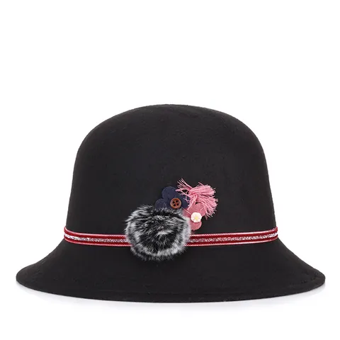 Sombrero Cloche de Lana Vintage para Mujer Elegante Sombrero de Pescador Cálido de Invierno Con Decoración de Flores Bola de Pelo Borla