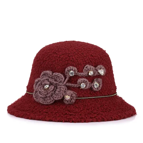 Sombrero de Pescador Elegante de Mezcla de Algodón Sombrero Cloché Cálido de Invierno Con Flor de Ganchillo Estrás Retro