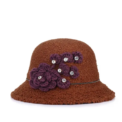 Sombrero de Pescador Elegante de Mezcla de Algodón Sombrero Cloché Cálido de Invierno Con Flor de Ganchillo Estrás Retro