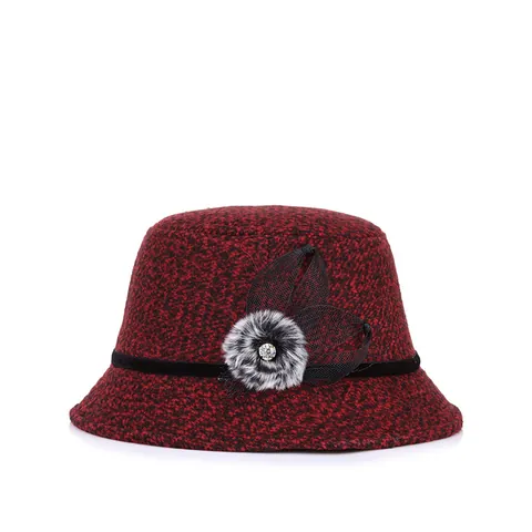 Women Autumn Winter Cloche Hat With Faux Fur Pompom Rhinestone Mesh Flower Warm Elegant Tweed Bucket Hat For Women