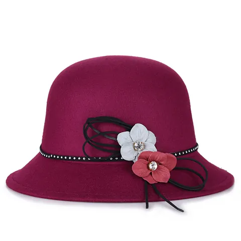 Women Woolen Cloche Hat Elegant 3D Flower Rhinestone Winter Warm Fedora Hat Flat Brim Party Dress Bucket Hat