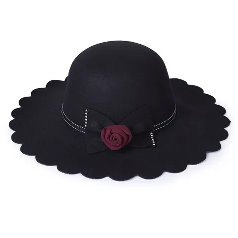 Vintage Women Woolen Wide Brim Fedora Hat Scalloped Edge Bow Fabric Rose Rhinestone Elegant Winter Church Party Sun Hat