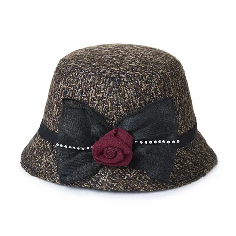 Vintage Women Cloche Hat Elegant Tweed Bow Rose Flower Rhinestone Winter Warm Bucket Hat For Ladies Mother Gift