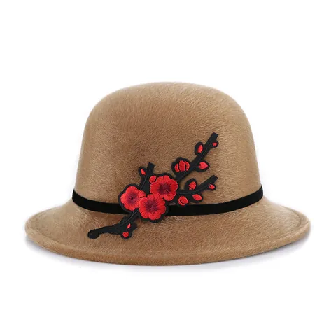 Women's Vintage Cloche Hat With Floral Embroidery Rhinestone Warm Faux Fur Winter Basin Bucket Hat Elegant Autumn Party Cap
