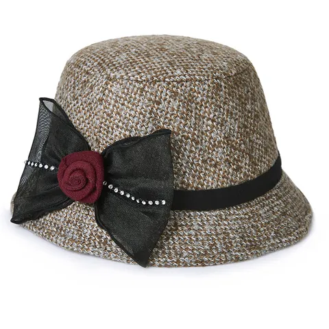 Vintage Women Cloche Hat Elegant Tweed Bow Rose Flower Rhinestone Winter Warm Bucket Hat For Ladies Mother Gift