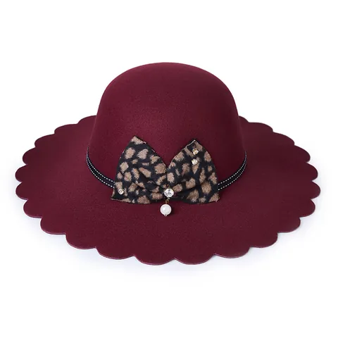 Damen Wellenkante Wollfilz Fedora Hut Mit Leoparden Schleife Künstliche Perle Strass Dekoration Warm Herbst Winter Breiter Krempe Hut