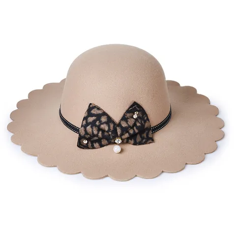 Damen Wellenkante Wollfilz Fedora Hut Mit Leoparden Schleife Künstliche Perle Strass Dekoration Warm Herbst Winter Breiter Krempe Hut