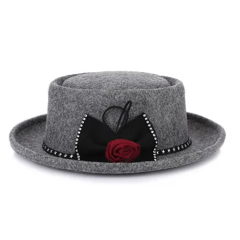 Vintage Damen Wollfilz Flacher Hut Mit Rose Schleife Strass Dekoration Winter Warm Fedora Jazz Hut Für Frauen