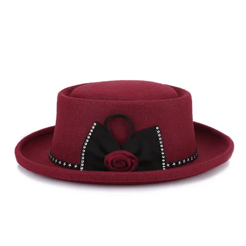 Vintage Damen Wollfilz Flacher Hut Mit Rose Schleife Strass Dekoration Winter Warm Fedora Jazz Hut Für Frauen