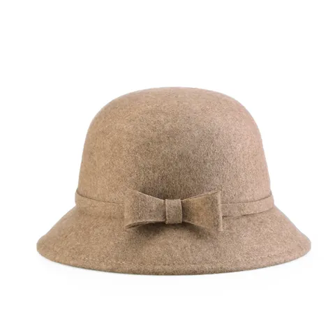 Vintage Women 100% Wool Cloche Hat Elegant Felt Bucket Hat With Bowknot Autumn Winter Warm Round Top Wide Brim Fedora Hat